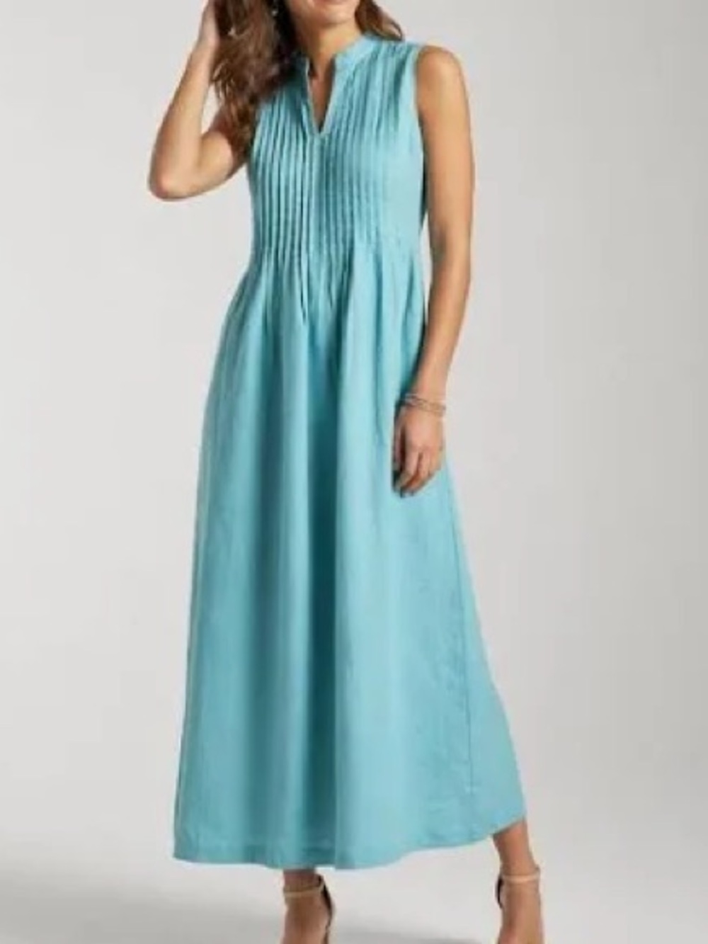 J Jill: large, Sleeveless linen Pintuck Maxi Dress in turquoise Blue